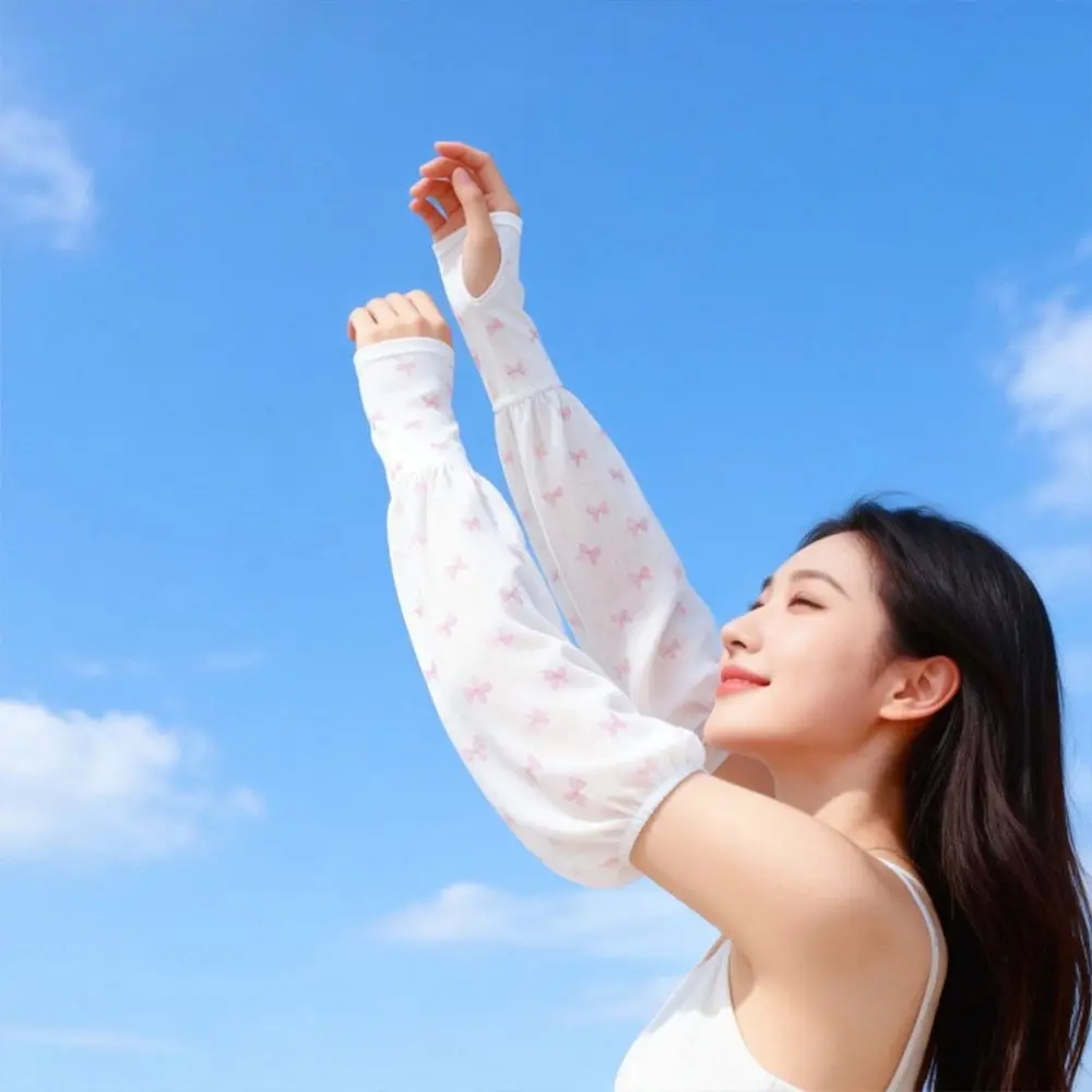 

New Ice Silk Summer Sun Protection Gloves Bow UV Protection Cycling Gloves Soft Printed Finger Sleeves