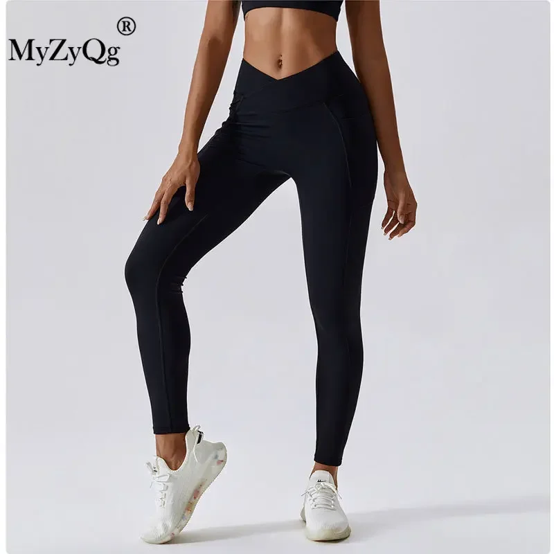 MyZyQg Women High Strength Yoga Leggings Push Up Hip Pocket Quick Dry Fitness Cross Waist Tight Running Sports Pants