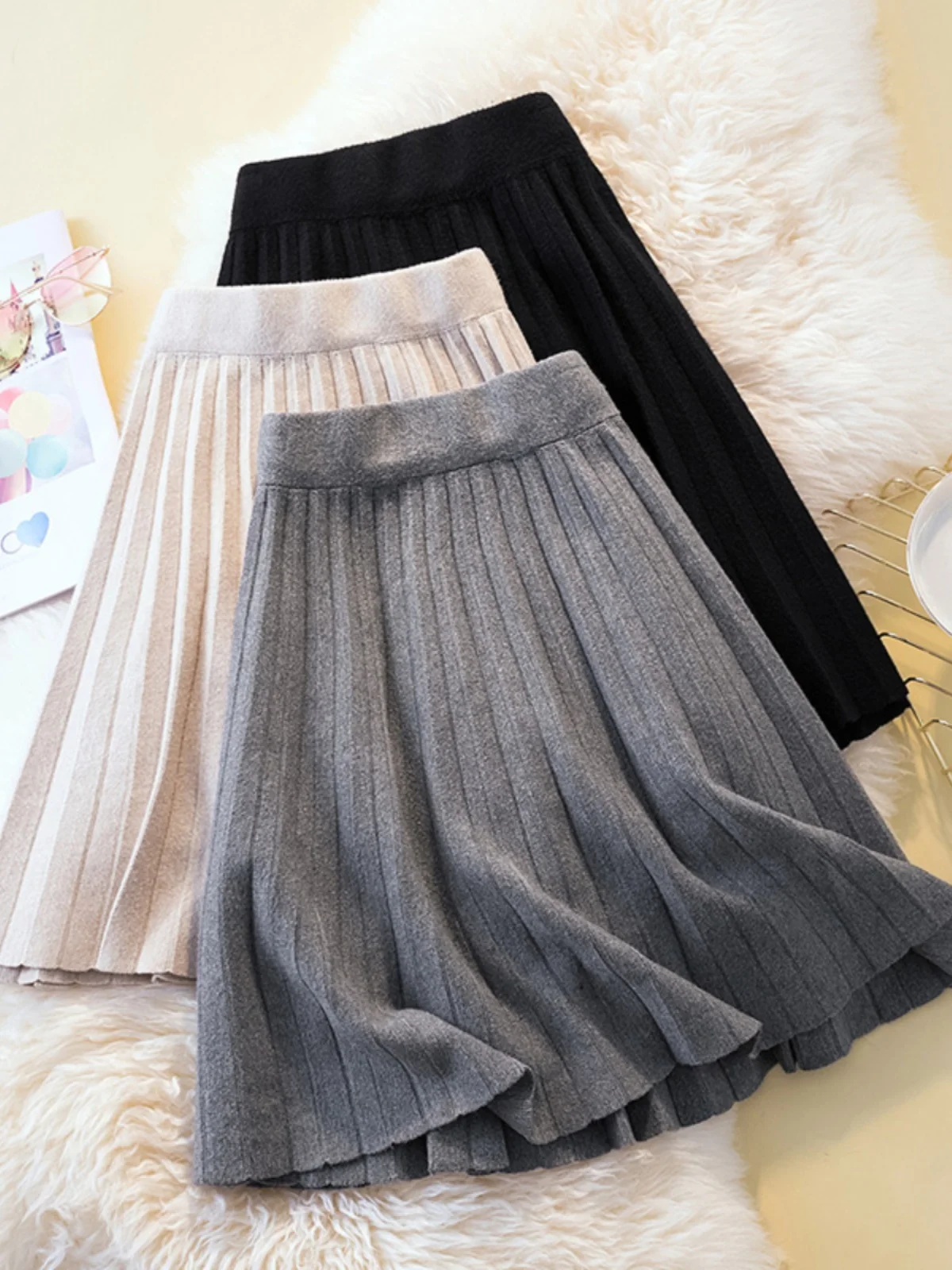 

Трикотажная плиссированная юбка А-силуэта с высокой талией для полных женщин, осенне-зимняя, стройнящая, повседневная, удобная, скрывающая живот