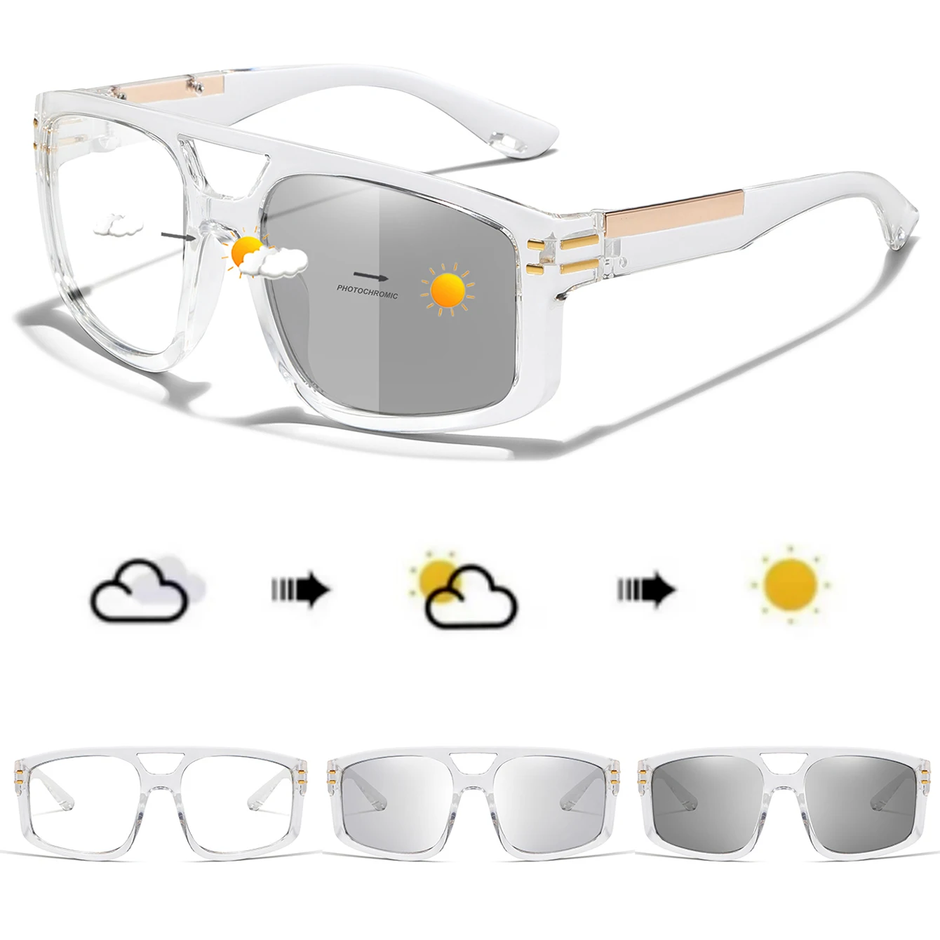 Lässige photochrome Sonnenbrille mit Etui für Damen und Herren, Outdoor-Sport, Radfahren, Angeln, Fahren, Golf, Strand, quadratische Schutzbrille – Detail 5