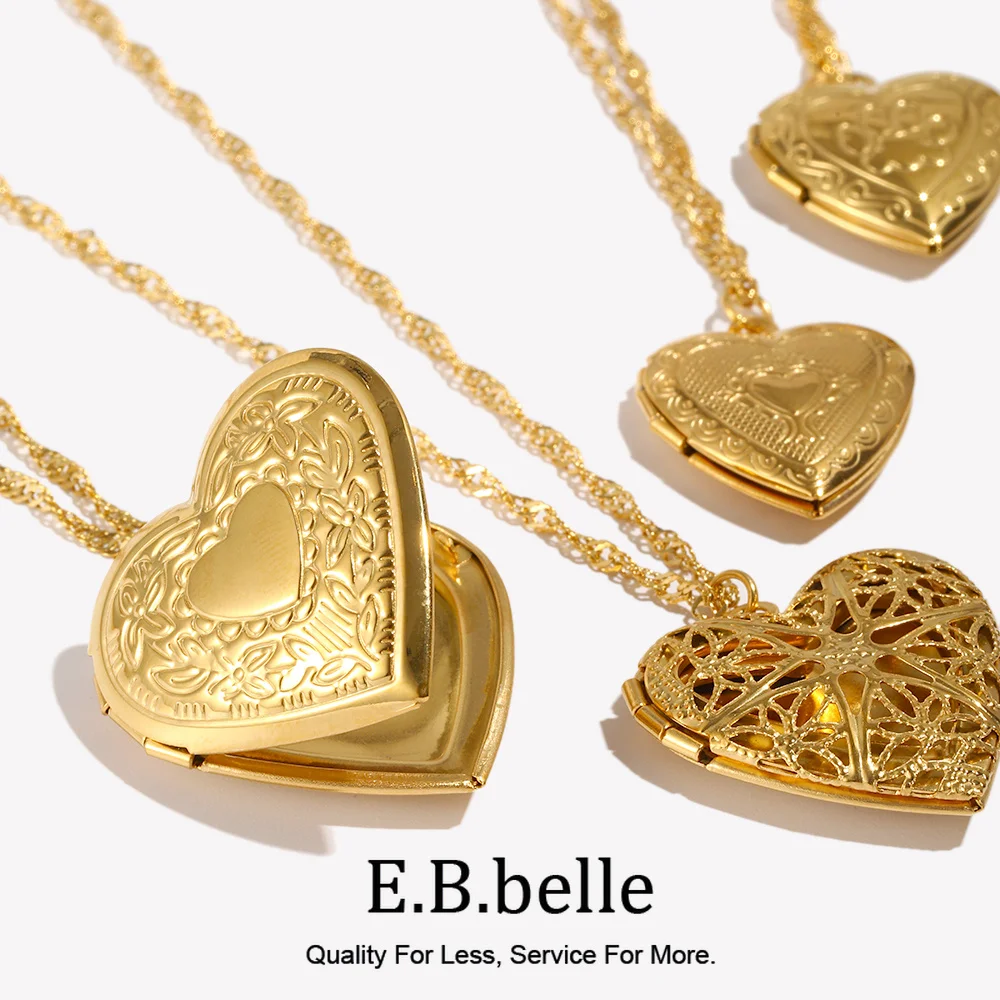 E.B.belle Flower Pattern Hollow Heart Photo Box Pendant Necklace For Women Stainless Steel Jewelry 18K Gold Plated Souvenir Gift