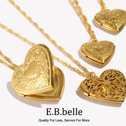 E.B.belle Flower Pattern Hollow Heart Photo Box Pendant Necklace For Women Stainless Steel Jewelry 18K Gold Plated Souvenir Gift