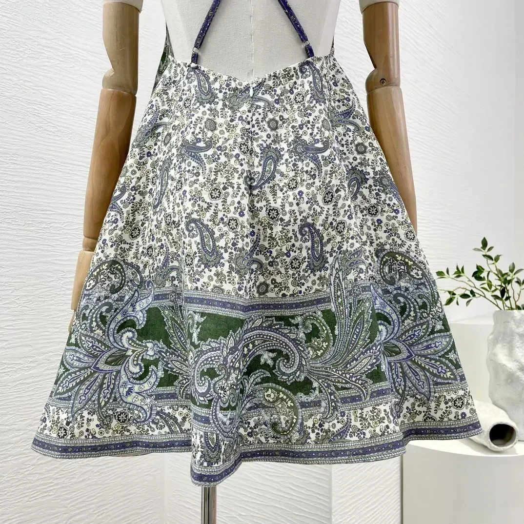 2024 Summer New High Quality Linen Dark Green Paisley Print Sleeveless Cross Straps Backless Women Mini Dress for Holiday