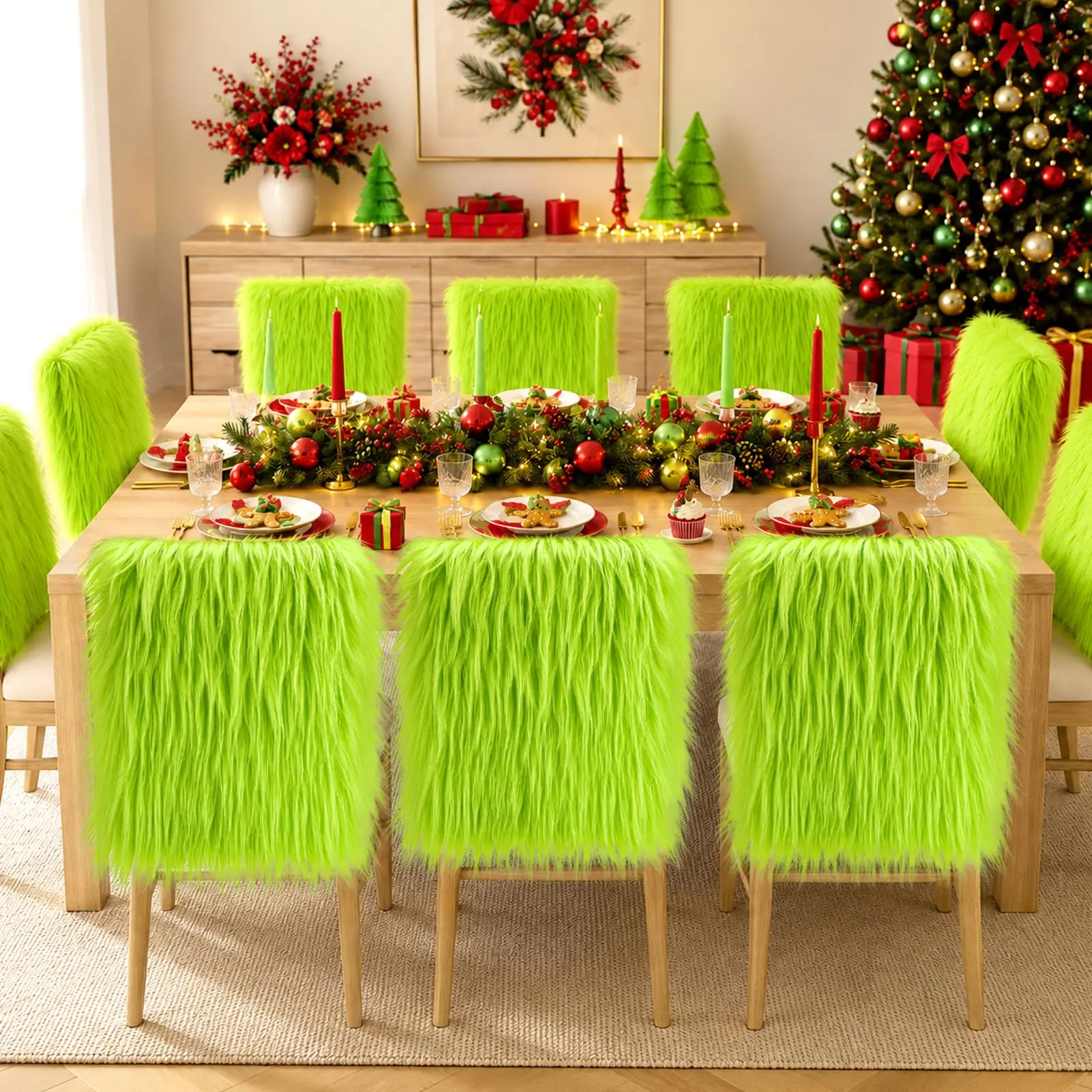 8 Pack Christmas Chair Covers Plush Green Christmas Chair Back