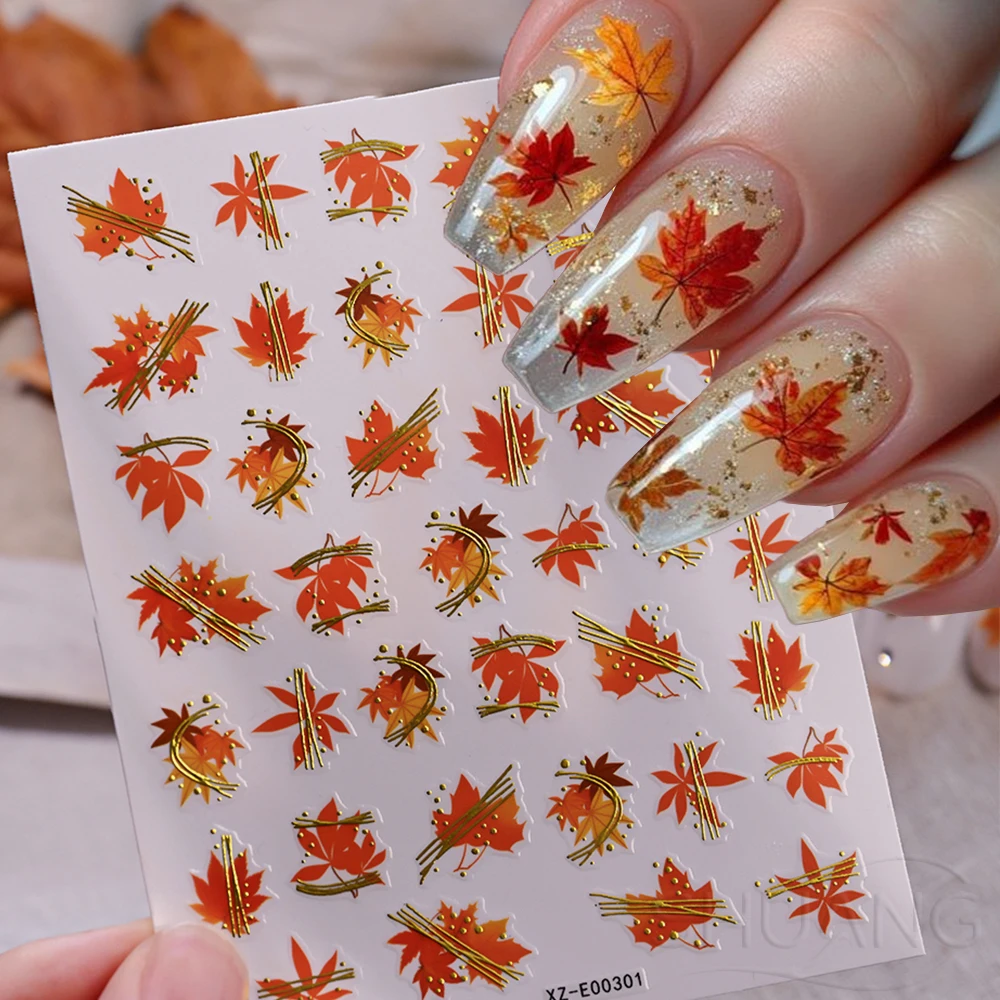

1pcs New Autumn Maple Leaves Nail Art Sticker 3D Fall Leaf Squirrel Pumpkin Ginkgo leaves Design Nail Foil Decal for ManicureDec