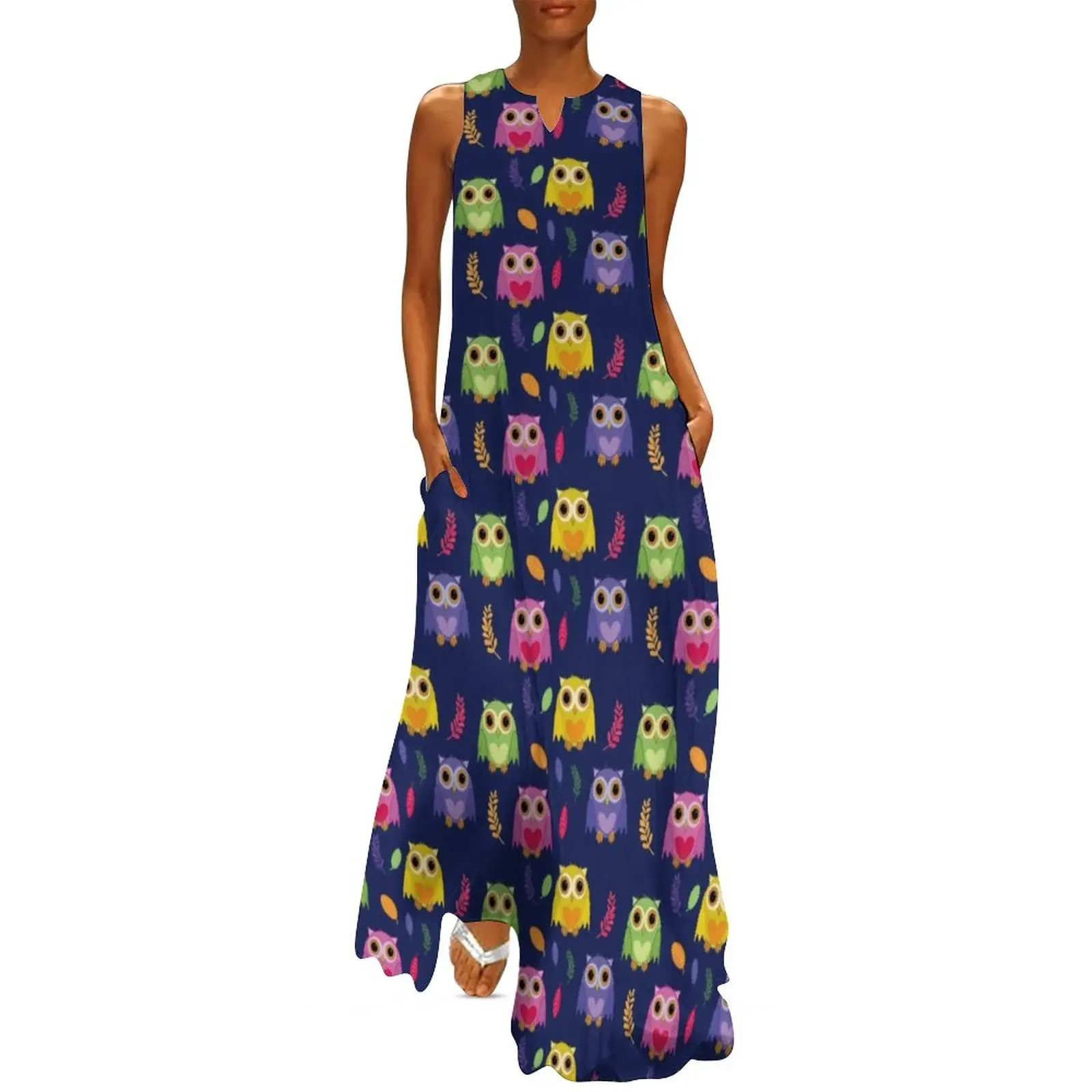 Colourful Owls Dress Cute Animal Print Night Club Maxi Dress Street Wear Bohemia Long Dresses V Neck Vestidos Big Size 4XL 5XL