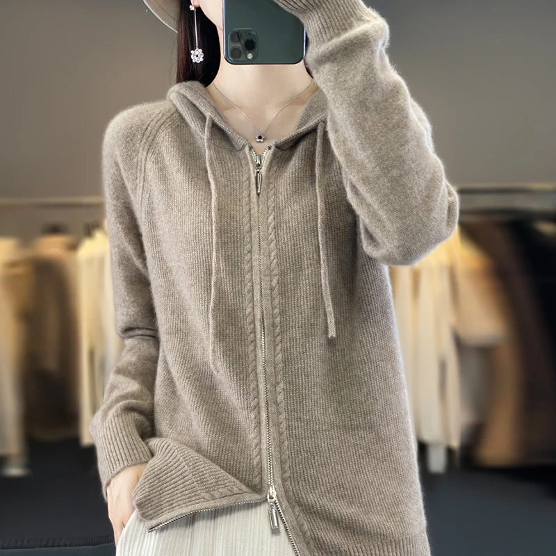 100% pure wool knitted jacket ladies' high sense 2023 autumn and winter fashion hooded zipper sweater cardigan