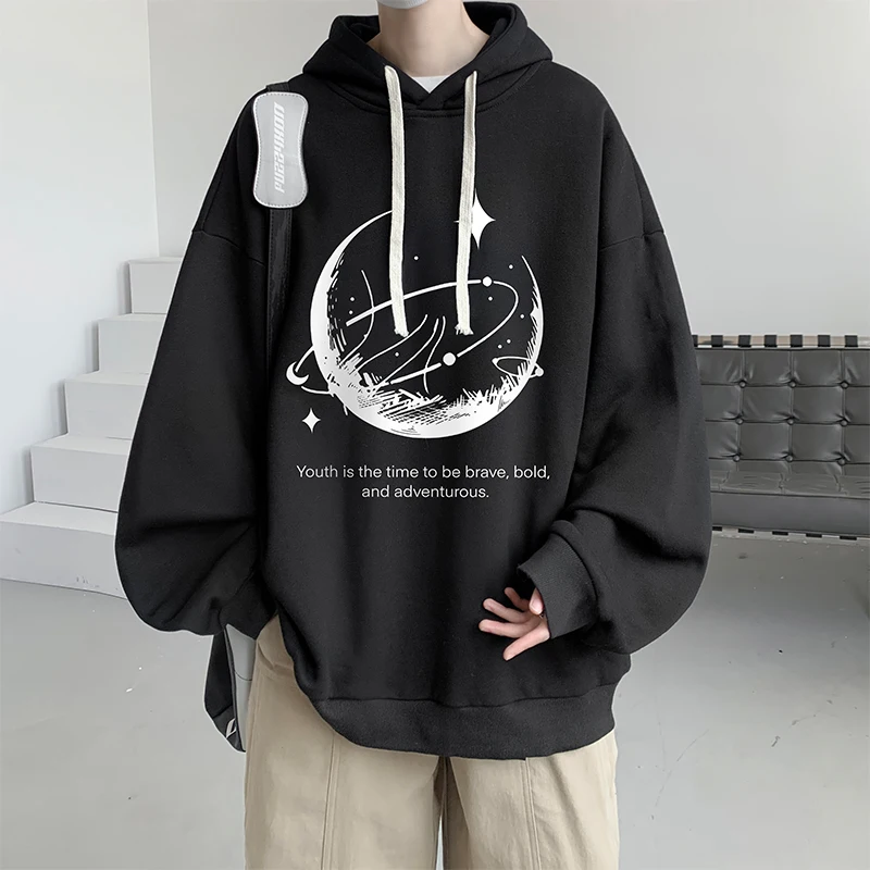 

Funny Men's Oversized Hoodie Black 5XL Hoodies with Hat Oversize for Men Moon Print Man Casual Wear Hoody Male Sweatshirt