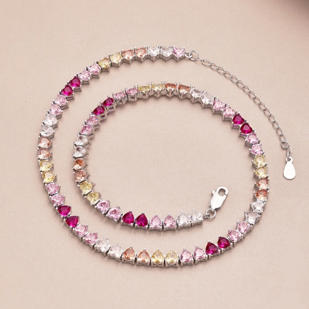 S925 Silver Rainbow Tennis Necklace Women 4mm Colorful Heart Diamond Chains Necklaces Female 5A Zircon Design Luxury Jewelry