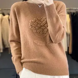 Chic Women's Clothing Solid Color Pullover Sweater Knitted Casual Lantern Long Sleeve Crew Neck Tie Flowers Autumn Winter Tops