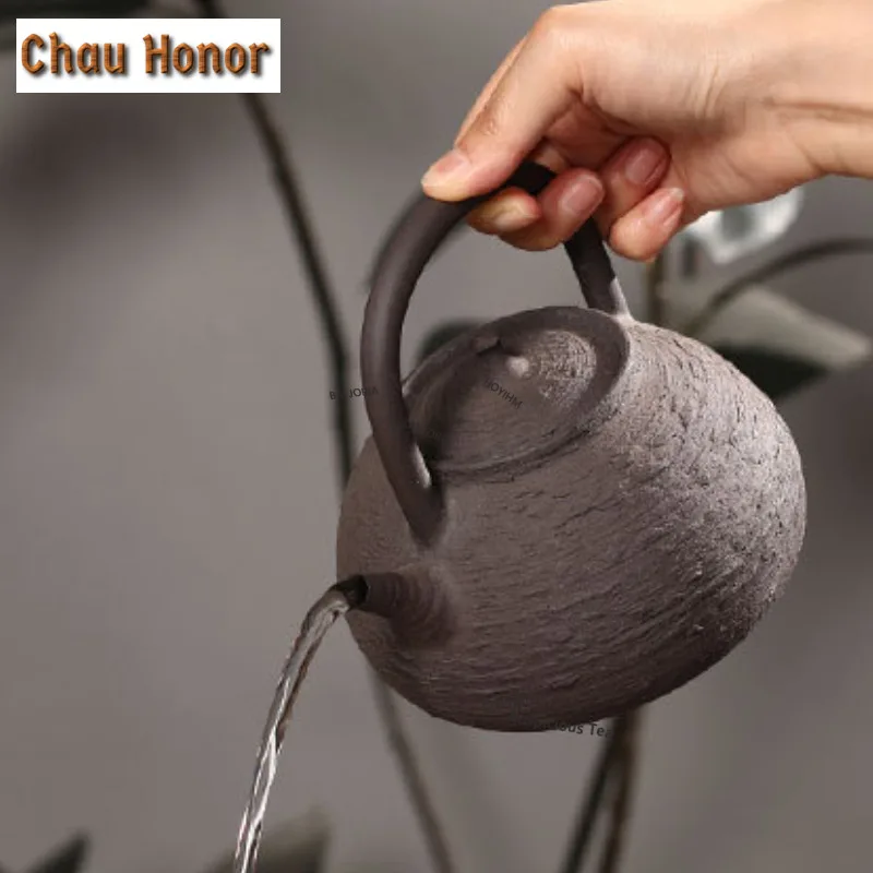 ZAEYORIA 500ml Chaozhou Firewood-fired Black Pottery Clay Teapot Lifting Beam Kettle For Boiling Water Retro Sand Pot Tea Stove