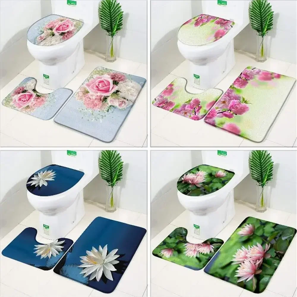 Floral Bath Mat Set Red Fresh Flower Field Garden Plant Living Room Bedroom Non-Slip Doormat Toilet Cover Carpet Bathroom Decor