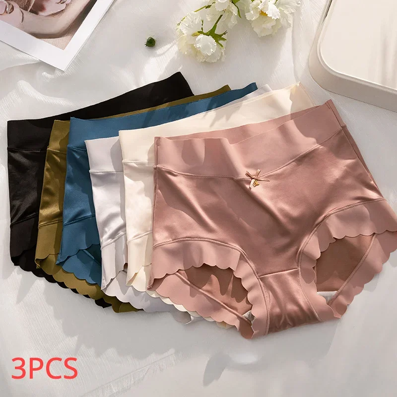 

3Pcs Women Seamless panties for women Mid Waist Ice Silk Underpants Mulberry Silk Antibacterial Crotch Plus Size Lingerie