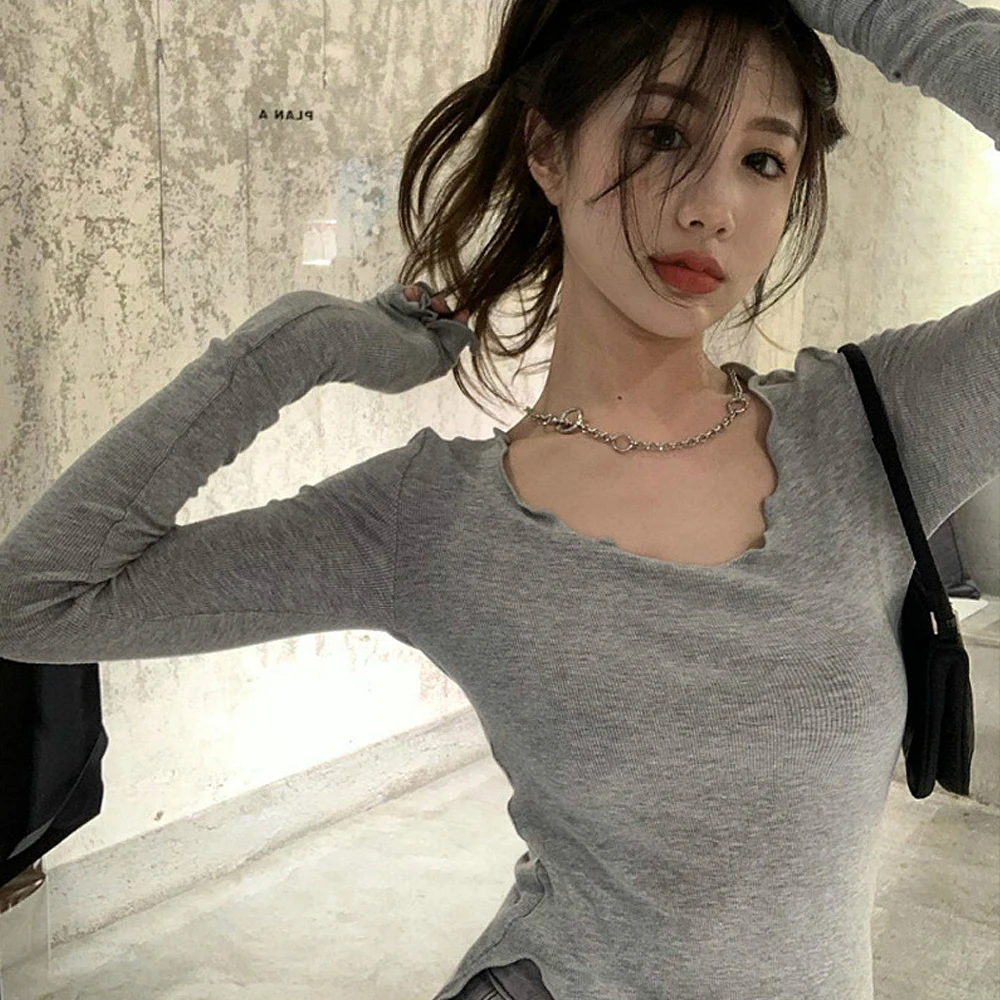 

Long Sleeve T-shirts Women Fungus Line Irregular Hem Knitted Slender Autumn Bottoming Tees Chic Fashion Sexy Solid Ulzzang New