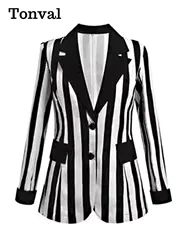 Tonval Black and White Striped Print Vintage Blazers Women Fall Clothes 2025 Coat Notched Collar Single Breasted Outerwears