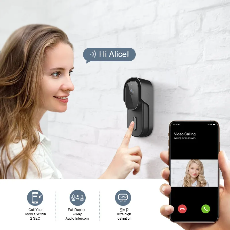 Tuya App PIR Video Doorbell WiFi Wireless 5MP Smart Door Bell Camera Two-Way Video Intercom Works With Alexa Google Assistant