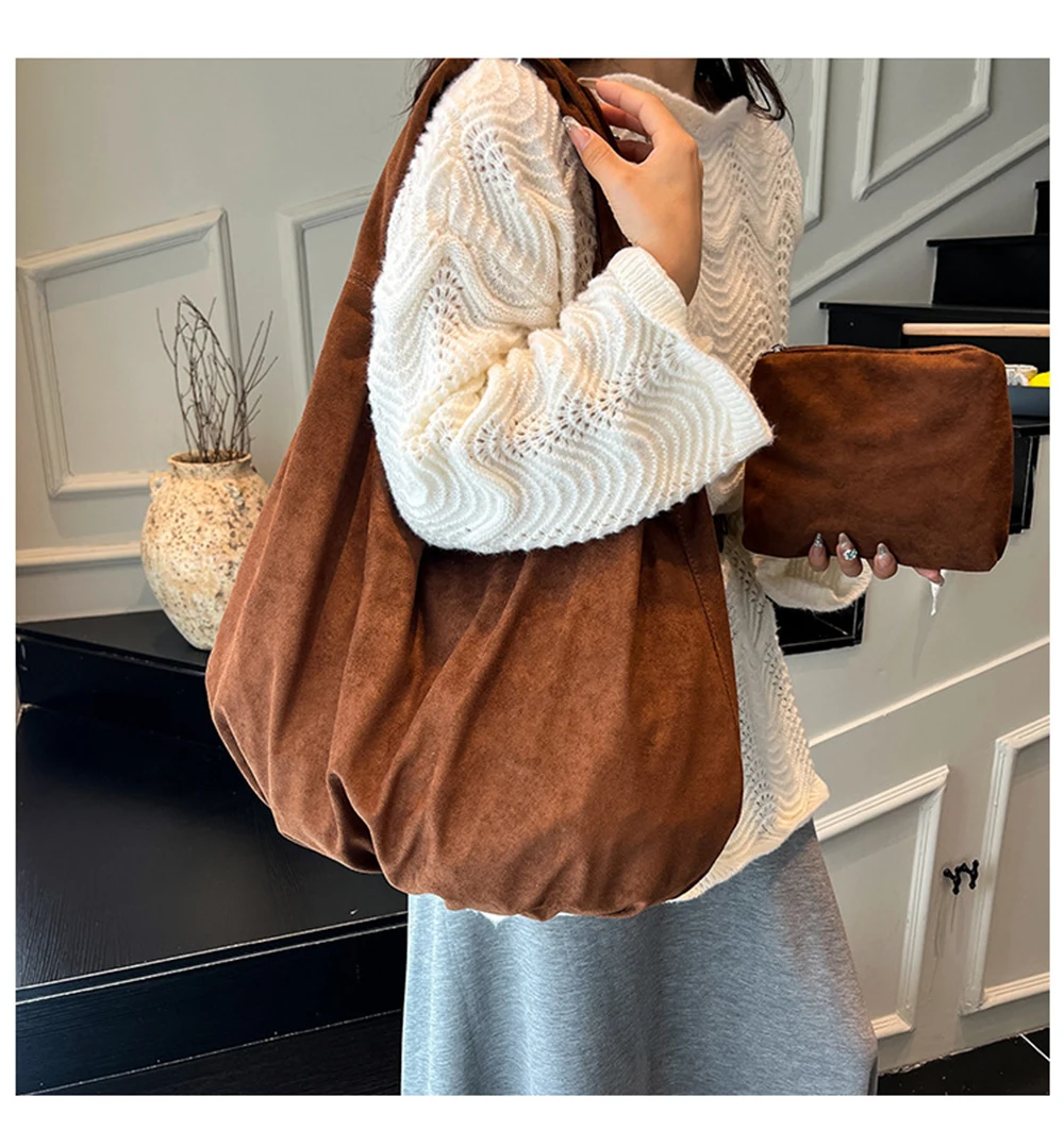 

Large Capacity Women's Tote Bags 2025 New Korean Style Lazy Vibe Suede Trendy Daily Commuting Shoulder Bag Female Underarm Bags