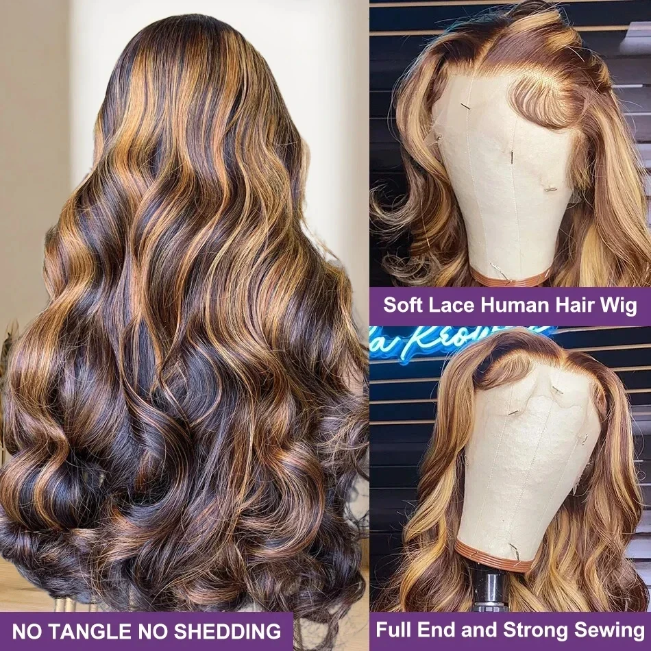 Addictive 250% 30 Inch Body Wave Highlight 13x6 HD Lace Front Human Hair Wig 4/27 Color Ombre 13x4 Lace Frontal Wig for Women