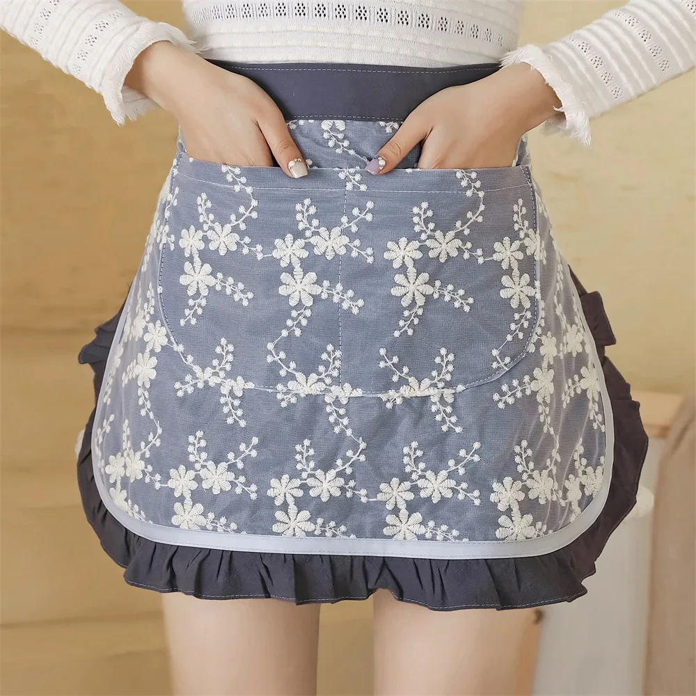 New Lace Embroidered Ruffled Half Apron Dual Pockets Washable Waist Apron Kitchen Anti-fouling Work Apron