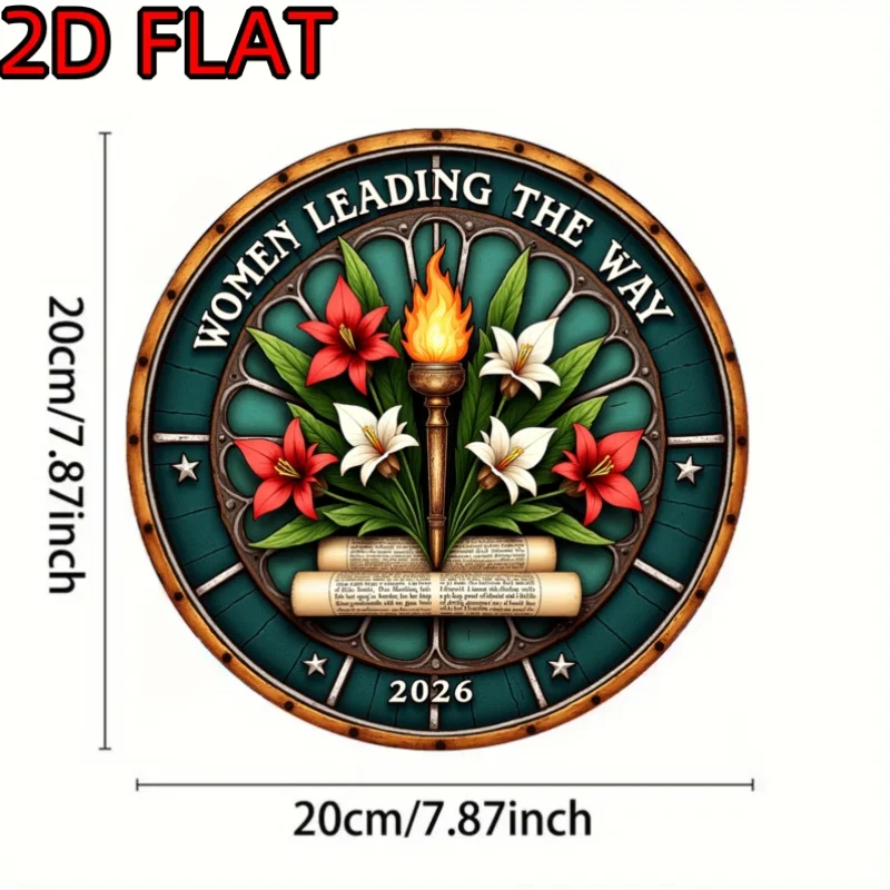 2D Flat Metal Sign, Female Lead Future 2026 Floral Torch Scroll Design Retro Motivational Round Wall Art for Home Office Bedroom