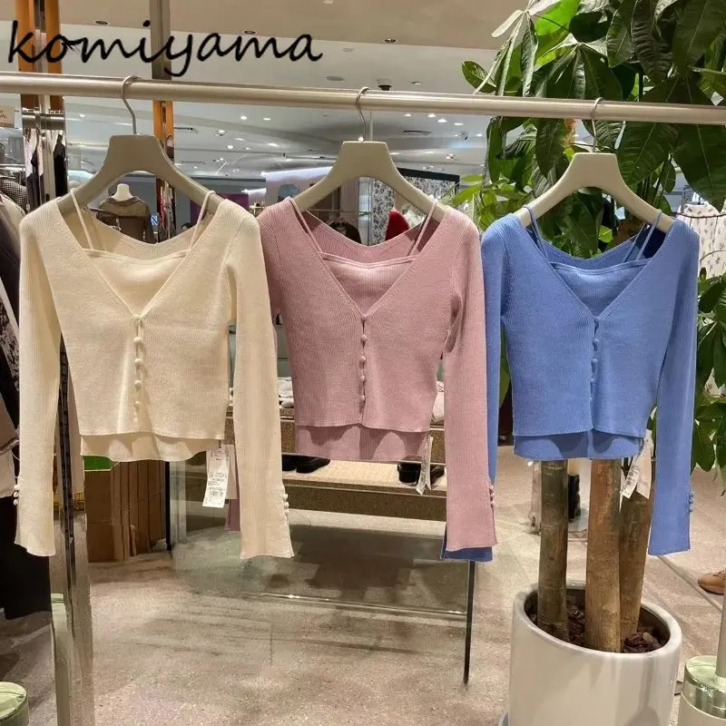 Komiyama V Neck Split Long Sleeve Cardigan Coat + Feminino Knit Vest Elegant Sweater Sets 2024 Spring Women Two Piece Outfits