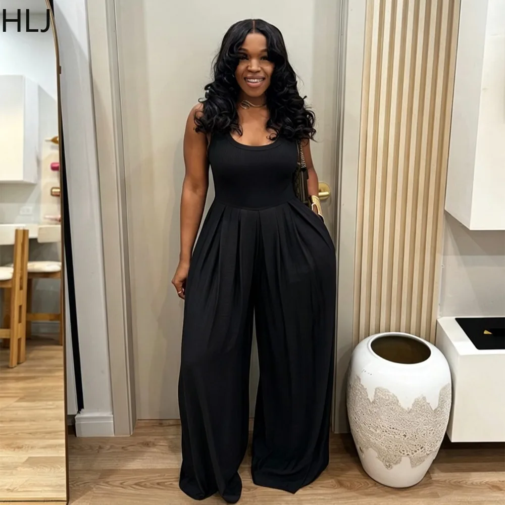 HLJ Casual Solid Color Rib Bodycon Jumpsuit Women Spaghetti Strap High Waist Pleated Wide Leg Romper Female Streetwear Overalls