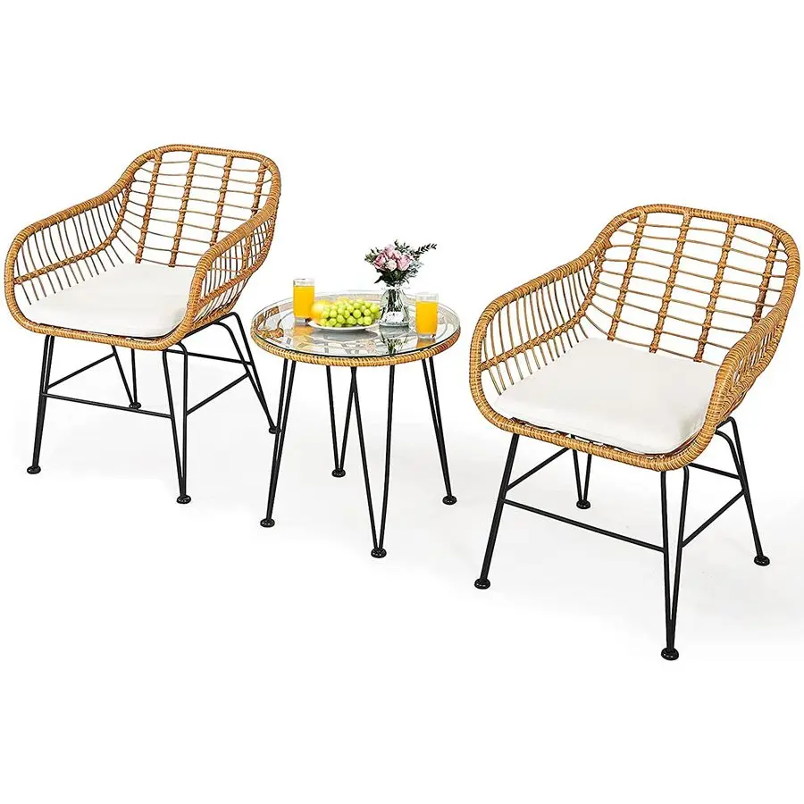 

Набор столов и стульев из 2 шт., стул из ротанга для патио, набор журнальных столиков из закаленного стекла со съемной моющейся бежевой подушкой Ca