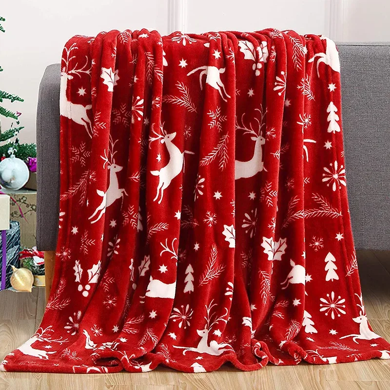 

Christmas Printed Flannel Blanket on The Sofa Cover Warm Winter Bedspread Soft Blankets Quilt Bedroom Holiday Gifts Comforter