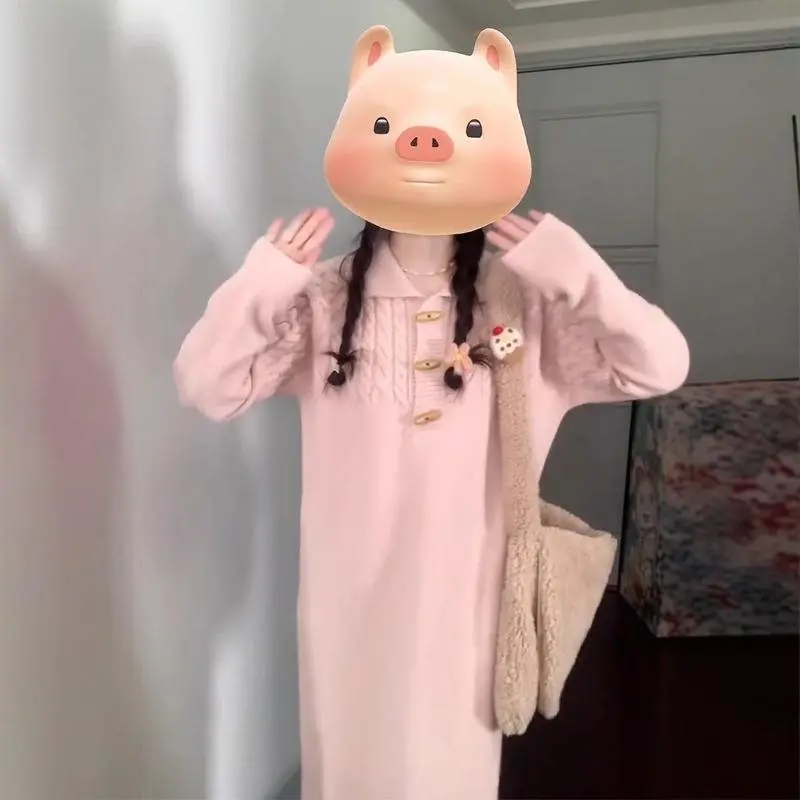 

Knee Length Pullovers For Woman Sweaters Jumpers Women Elegant Cloak Thermal Holidays Teens Streetwear Rib-Knit Lapels Flounce