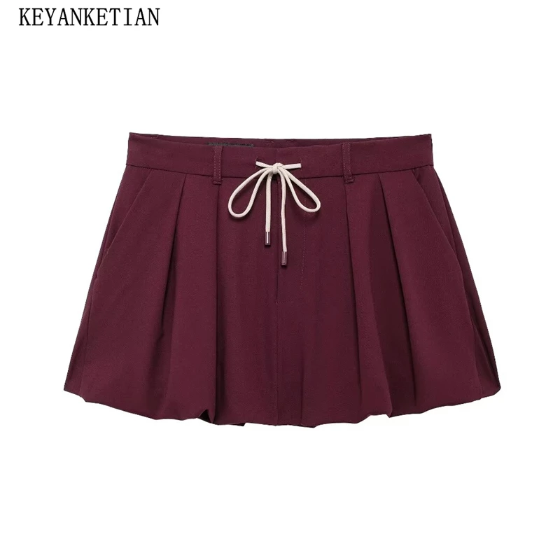 KEYANKETIAN 2024 New Women's Wine Red Mini Skirt Autumn Y2K Slim Drawstring Lace Up Zipper low waist Fashion A Line Puffy skirt