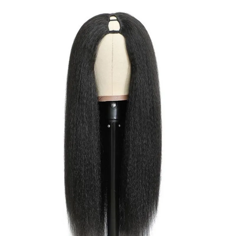 

Synthetic Long Straight Yaki Wig V-Shape Half Wig Black Fluffy Hairpiece for Cosplay Party Daily Use Heat Resistant
