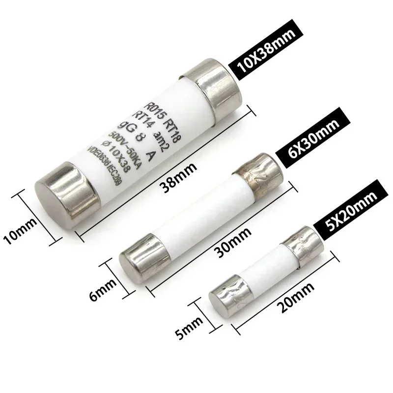 10~100pcs Carton,Ceramic Fuse Tube 0.5 1 2 3 4 5 6 8 10 15 16 20 32A Fuse 5x20mm 6x30mm 10x38mm 250/500V Fast Blow Fuses Tube