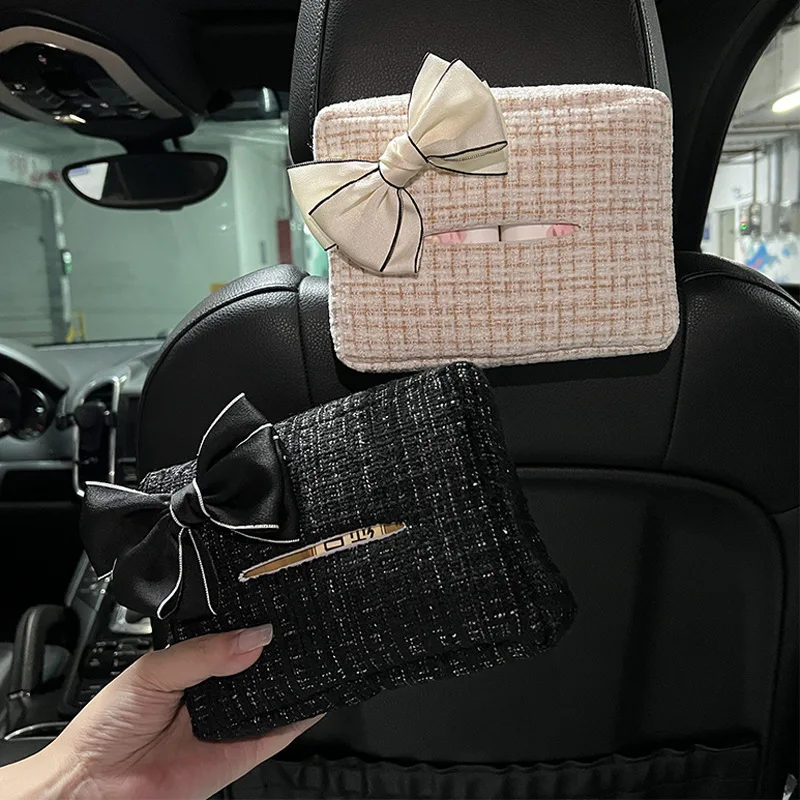 Small fragrant wind car tissue storage box hanging cute bow car drawer multifunctional car tissue box