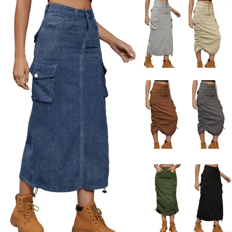 

P88B Women's Y2K Cargo Skirt Jean Adjustable Casual A Line Midi Long Denims Skirt