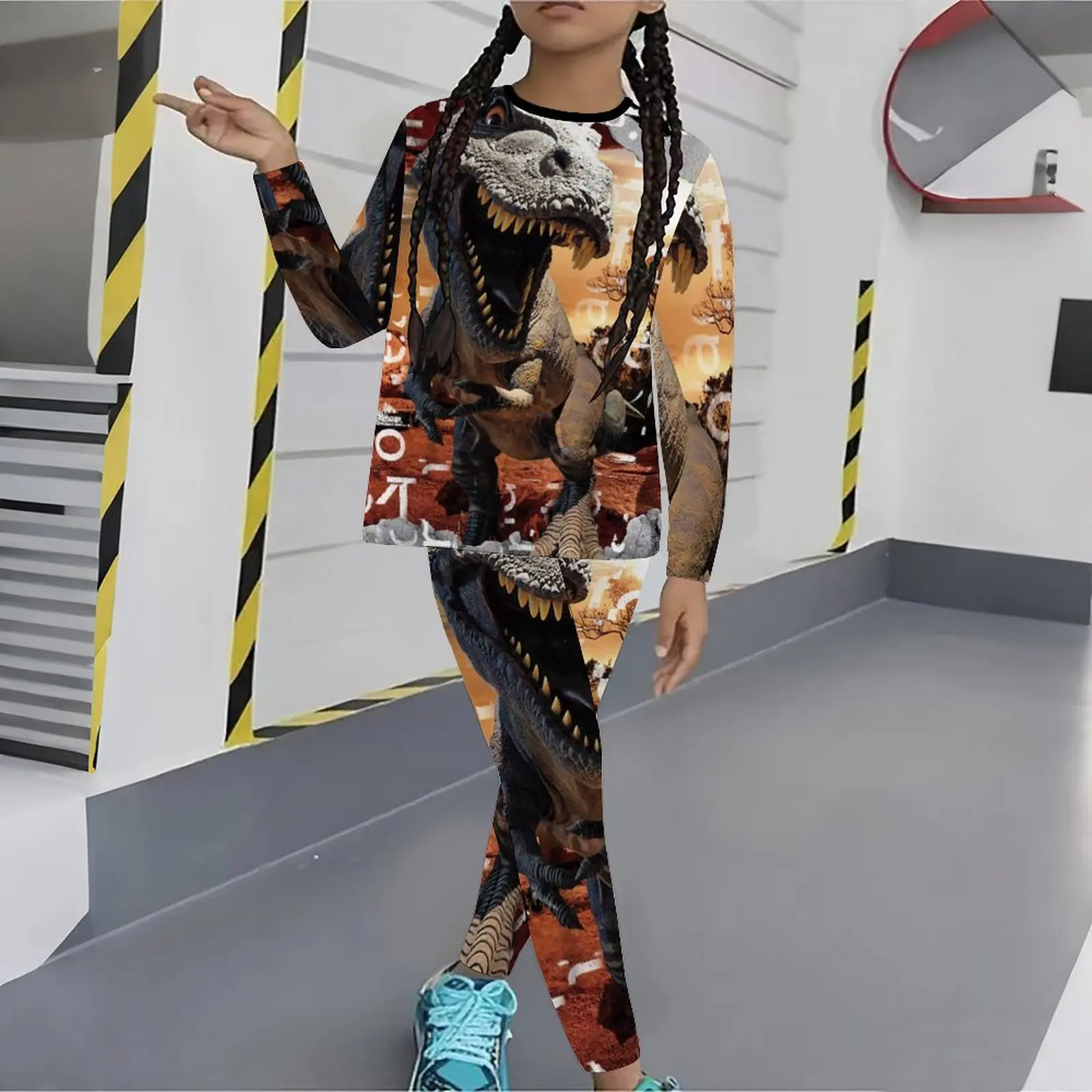 Winter Jogging Pants Girls Print Long Sleeve Round Neck Top Cute Two-Piece Daily Casual T-shirt Autumn Leggings
