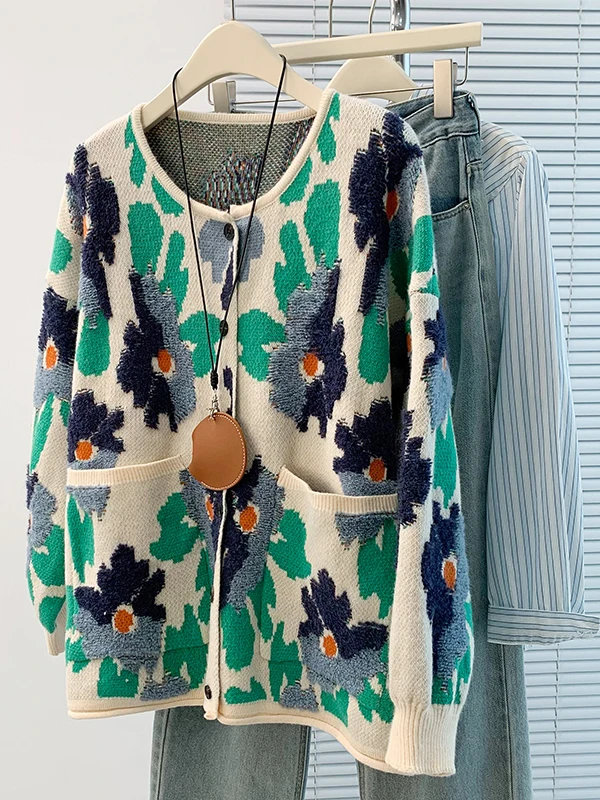 여성용 루즈 캐주얼 라운드 넥 스웨터 가디건 아우터웨어 가을 겨울 신상 플러스 사이즈 편안한 코트