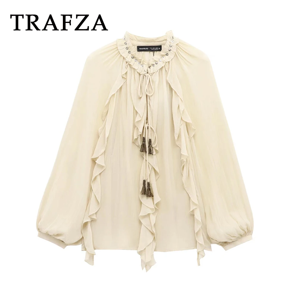 TRAFZA Chic Beige Layered Pleated Drawstring Romantic Bohe Blouse Fashion 2025 Spring Sequined Elegant Chiffon Sexy Women Shirt