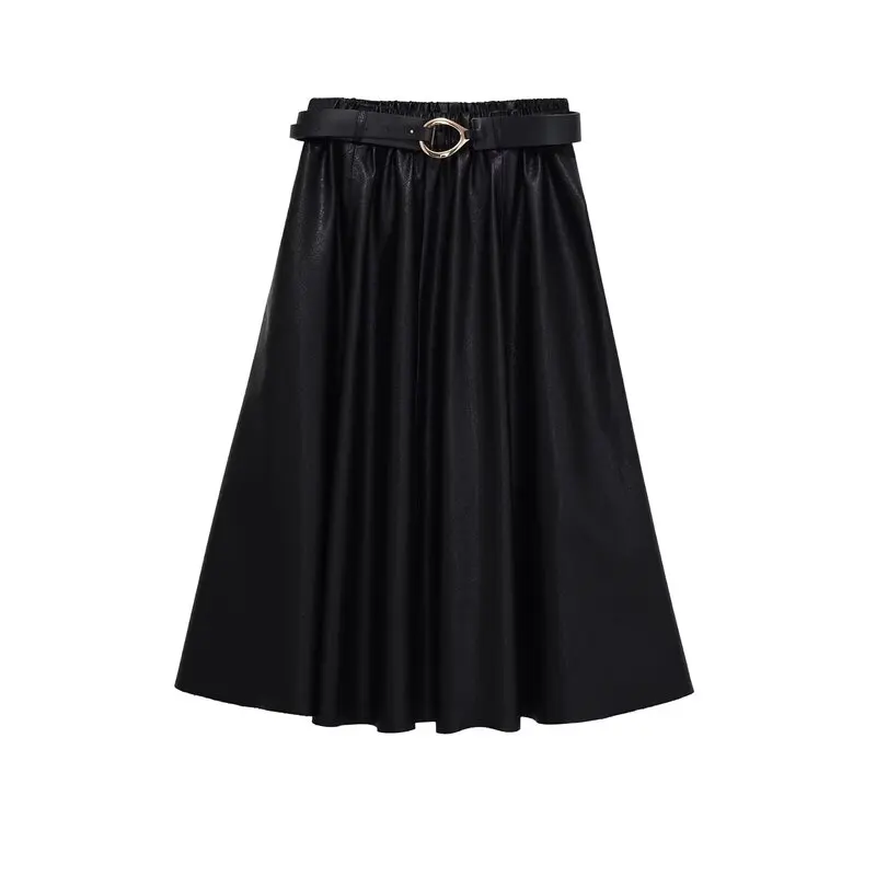 Winter Nieuwe Collectie Vrouwen Lederen Effect Mantel Sle Midi Rok Met Riem Faionable Ci Pendelen A-lijn Loose Fit Rok