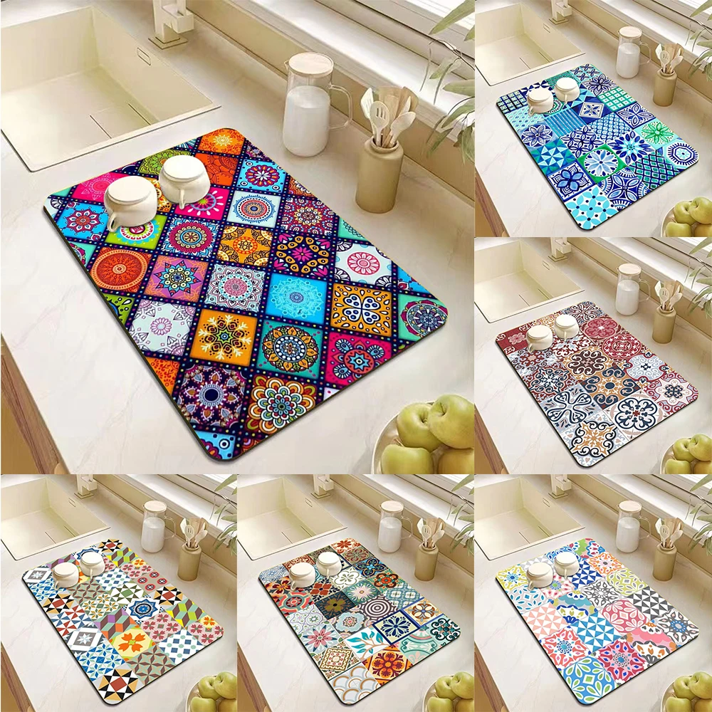 Mandala-Stil Küchenarbeitsplattenmatte Restaurant Abfluss saugfähige Unterlage Anti-Schimmel schnell trocknende Unterlage rutschfeste Tischset Home Deco