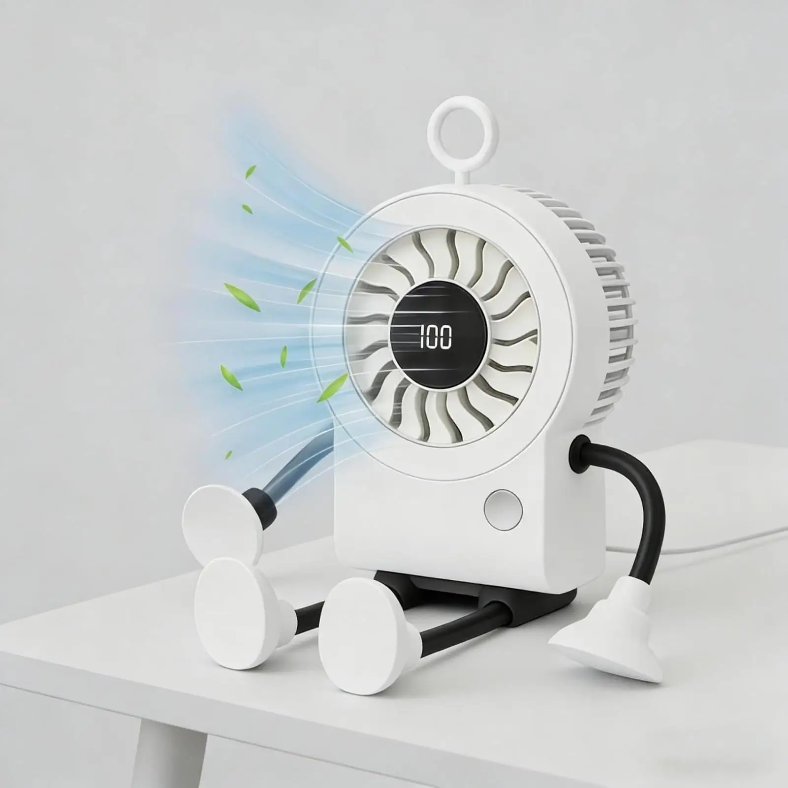 

Small Desk Fan Robot Shape Personal Rechargeable Air Cooler With LED Light Portable Fan With Suction Cups For Home Kitchen