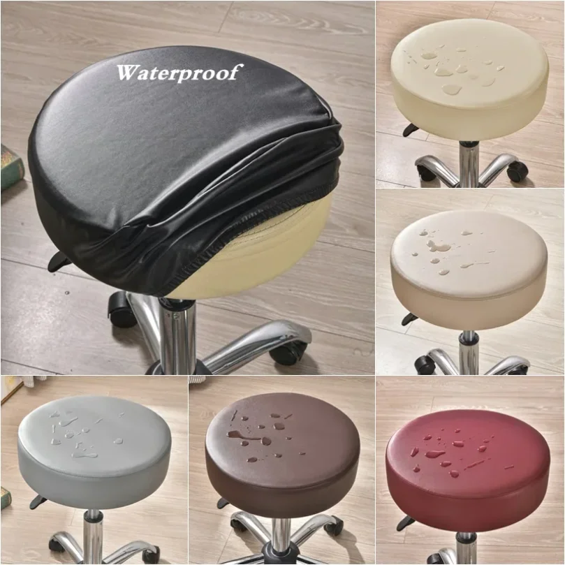 1pc Waterproof Round Stool Cover Stretch PU Leather Bar Stool Covers All Inclusive Rotating Chair Seat Slipcover Home Hotel