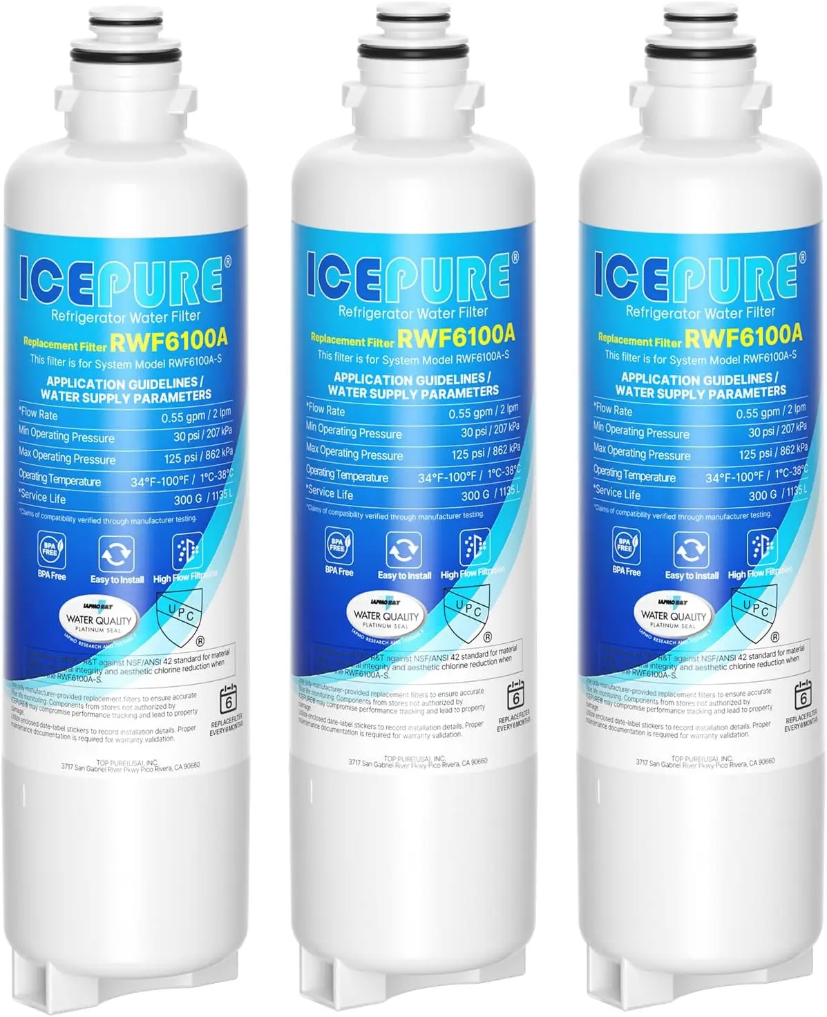 Refrigerator Water Filter Replacement, 3-Pack, Compatible with Many Standard Fridge Models, Advanced Filtration Cartridge, Easy Install, Fresh-Tasting Water, Durable Long-Lasting Performance