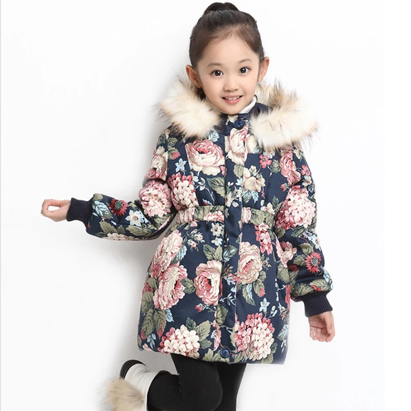 Winter Cotton Jacket For Girls Coat Floral Pattern Fur Hooded Children Outerwear Clothing 3-12 Year Teenage Kids Parka Snowsuit