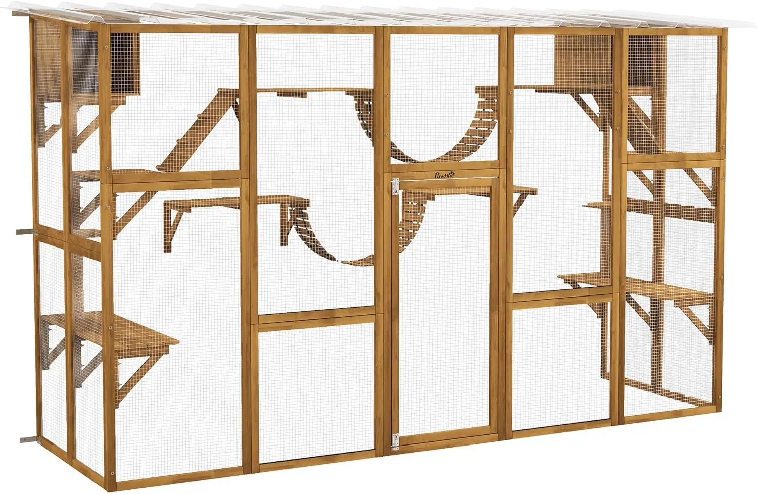 House with Weather Protection Roof for Multiple Kitties, Wooden Frame, Shelves & Bridges, 118