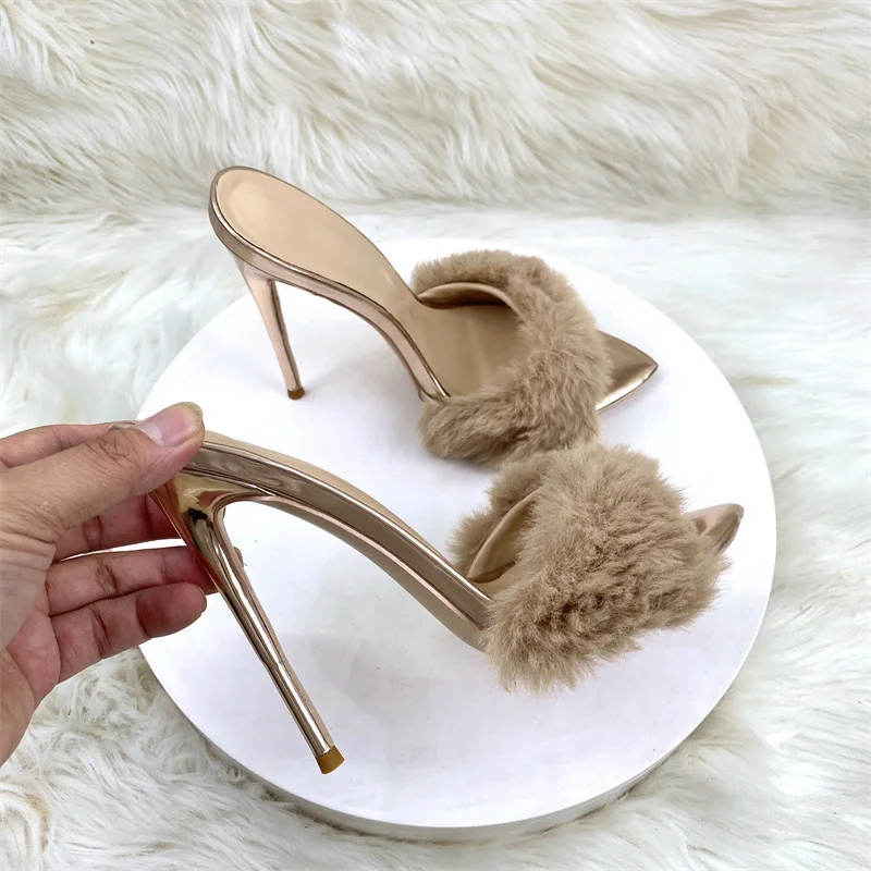 New Novelty Design 12cm Sexy Fur Gold Woman Outdoor Slipper High Heels Sandal Stilettos OL Work Ladies Party Club Dress Shoes