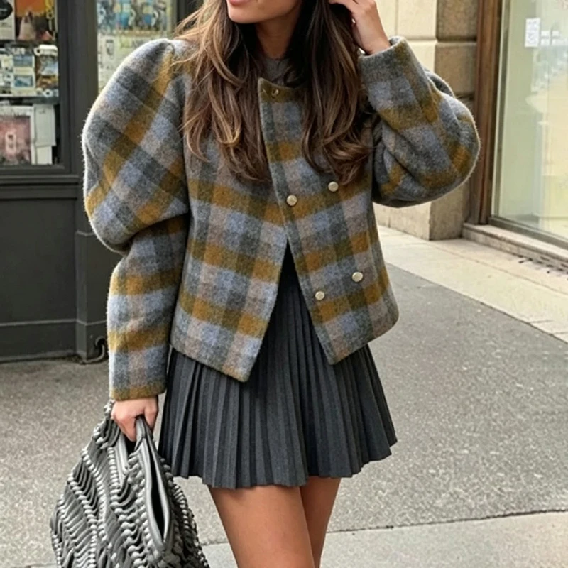 Vintage Women's Plaid Cropped Jacket Round Neck Lantern Sleeve Cropped Coat Single Breasted Autumn Winter Street New Lady Coats