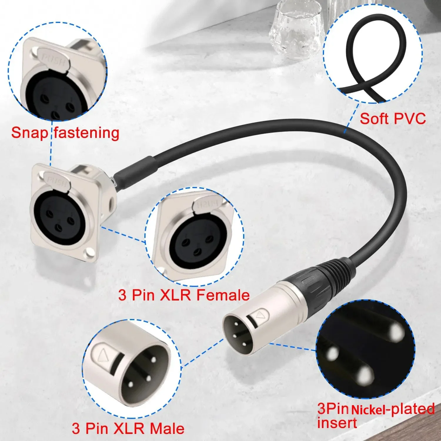 D-Type XLR Male Panel Mount to XLR Male/Female Connector Pass Through Adapter Cable,3 Pin Mic XLR Feed/Pass Thru Converter