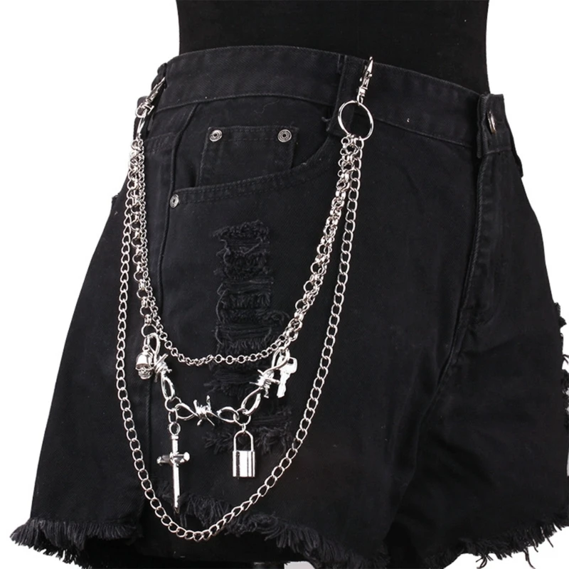 Multi-Layer Pants Chain Harajuku Crosses Charm Punk Chain Belt Jeans Pants X4YC