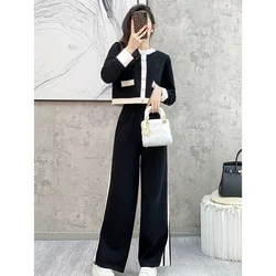 New Autumn Winter Knitted Pant Sets Women Contrast Color Long Sleeve Cardigan Sweater + Wide Leg Pants Two Piece Set Tracksuit