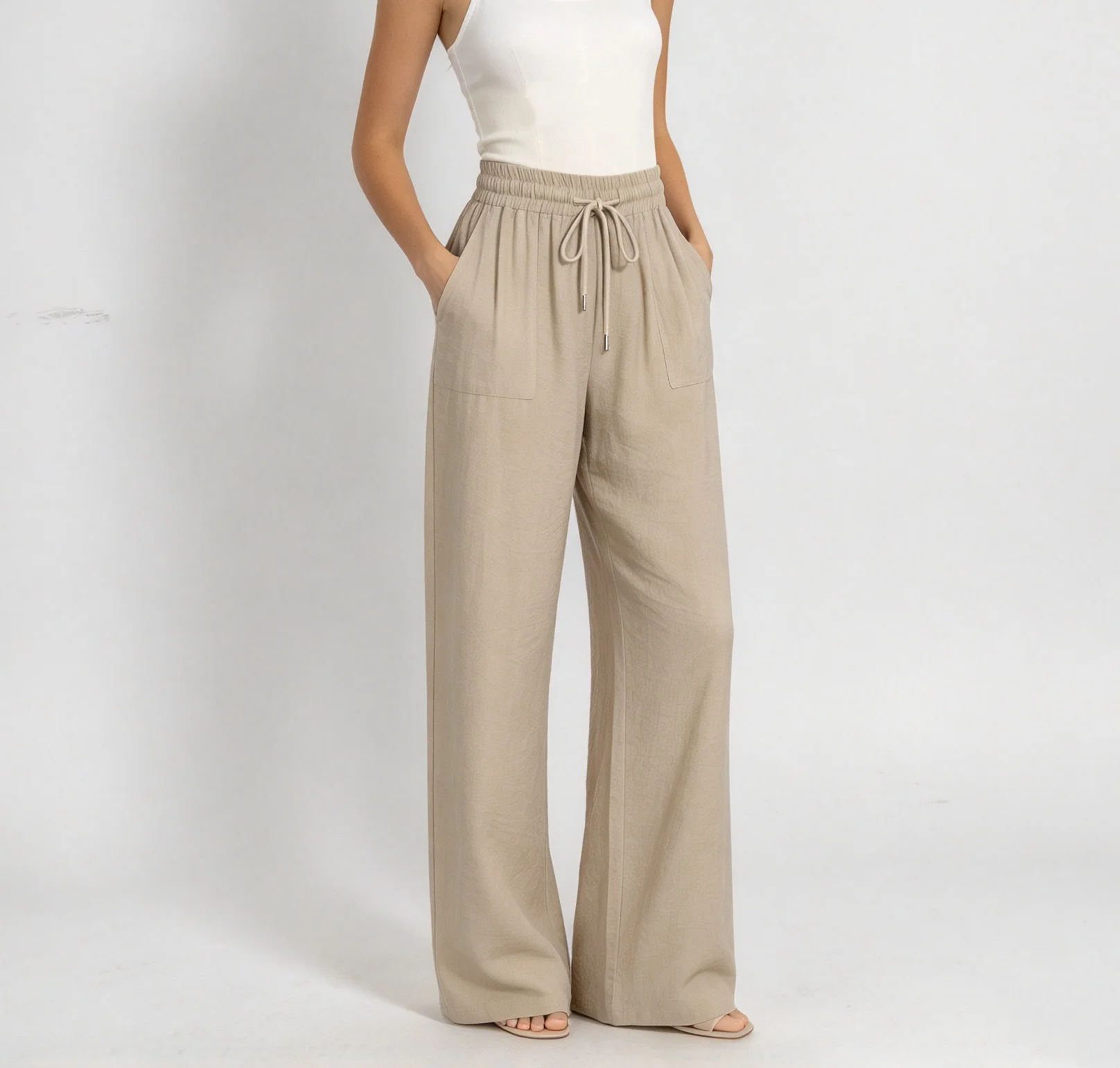 Women Solid High Waist Drawstring Wide Leg Pants with Side Pockets